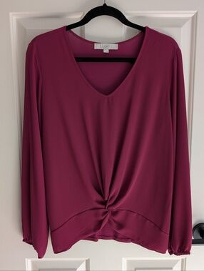 Loft Mixed Media Burgundy Long Sleeve Blouse, Size Small